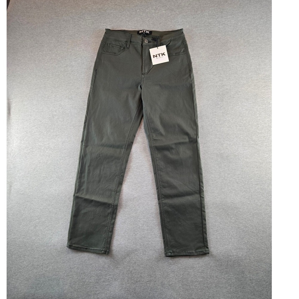 NWT NTK NYC Vegan Leather Brigette Jeans Womens 27 Olive‎ Green Cinch Belt Pants